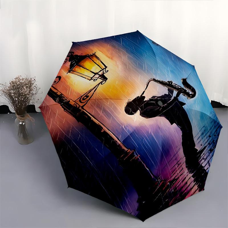 Saxophone Rain Themed Automatic Opening and Closing Umbrella, Brightly Colored 8-rib Portable Umbrella, Suitable for Men and Women, A Perfec