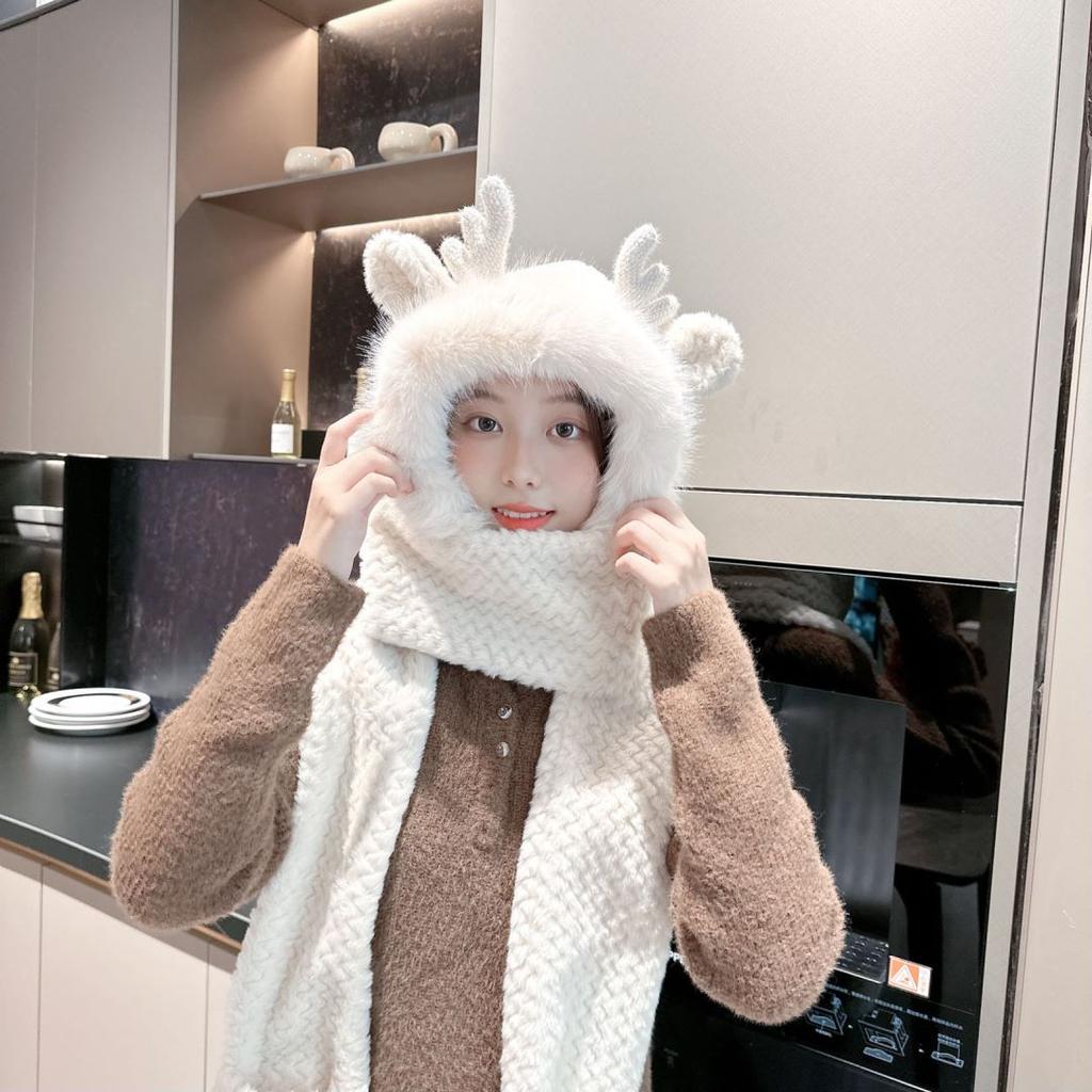 Women's Winter Hat Scarf One-piece New Deer Hooded Cycling Thick Plush Three Piece Set