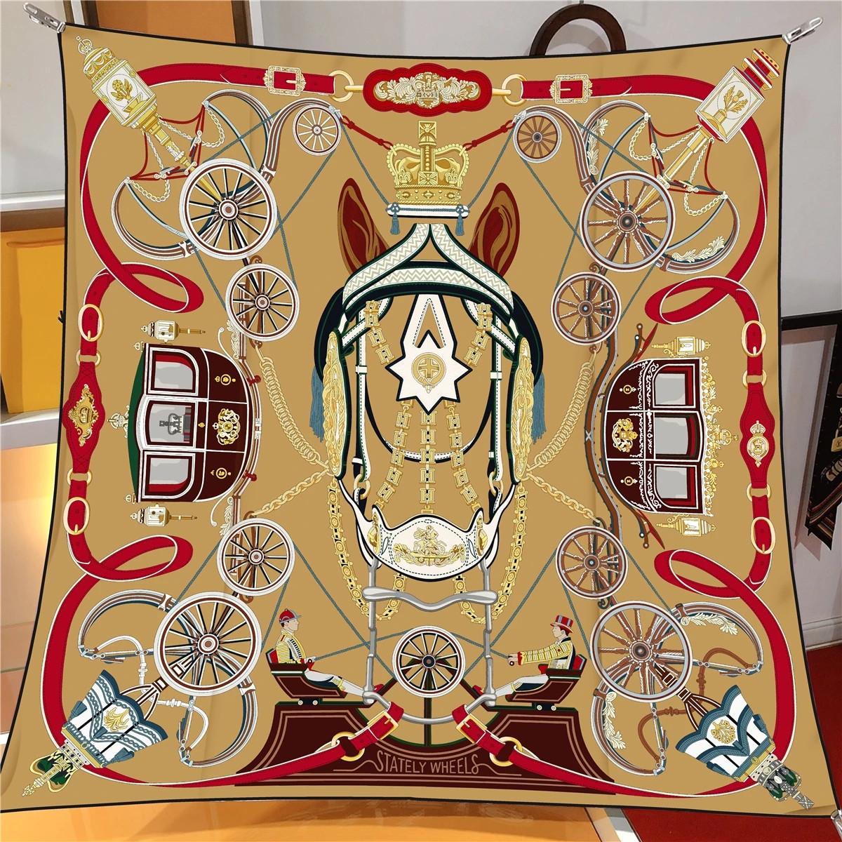 

90Cm Twill Silk Scarf Lady Shawl Carriage Wheel Printed Square Scarves Women Hijabs Bandana Foulards Neckerchief 90CM x 90CM