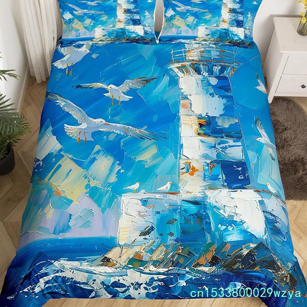 Seaside Town Landscape Bedding Set Flowers Rustic Duvet Cover Coastal Style Island Comforter Cover Ocean Scenery Quilt Cover