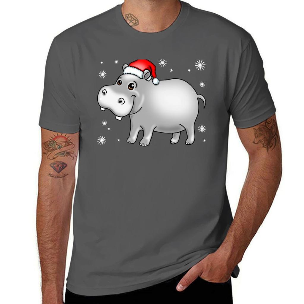 Cute Hippo For Christmas Hippopotamus T-Shirt Man T Shirt Designer Cotton T Shirts High Quality Man T Shirt Graphic T-Shirt