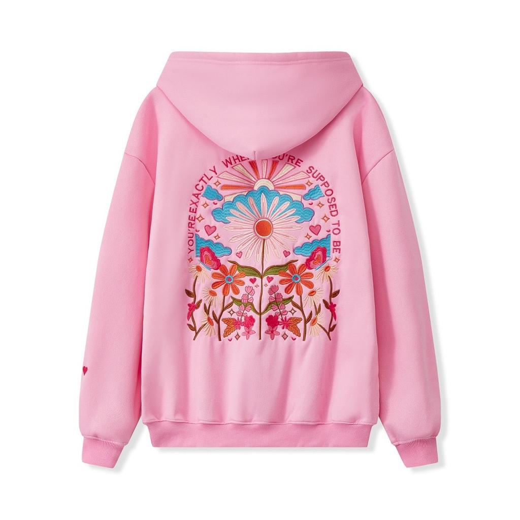 STREETRICH Women's Y2K Floral Letter Embroidered Hooded Pullover Cozy Stylish Long Sleeve Loose Sweatshirts with Kangaroo Pocket