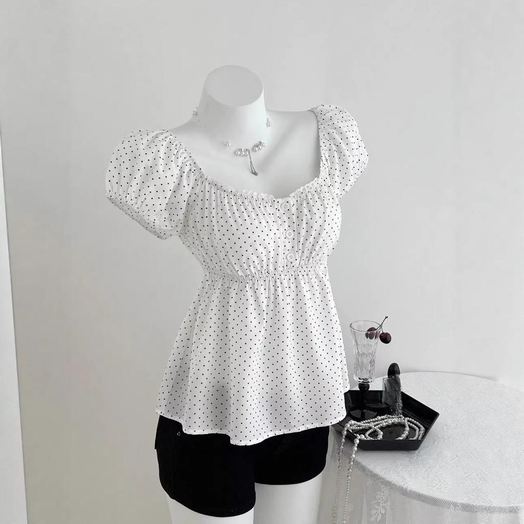 Summer New Polka Dot Puffed Sleeve Top, Printed Round Neck, Waist-cinching and Slimming Short-sleeved T-shirt for Women