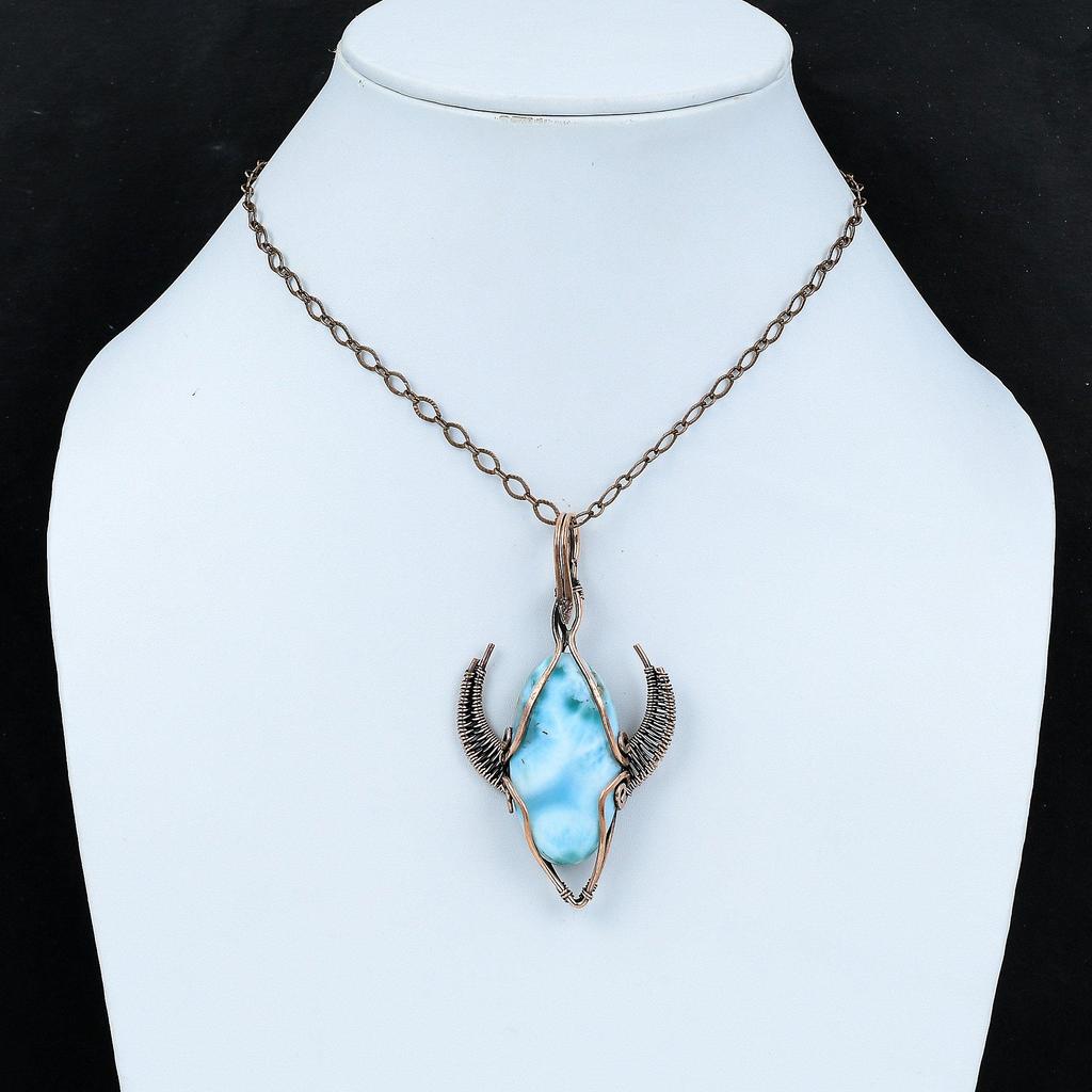 Larimar Pendant Copper Wire Wrapped Pendant Bull Face Shape Pendant Handmade Gemstone Pendant Copper Jewelry Wire Wrap Jewelry Gift For Her