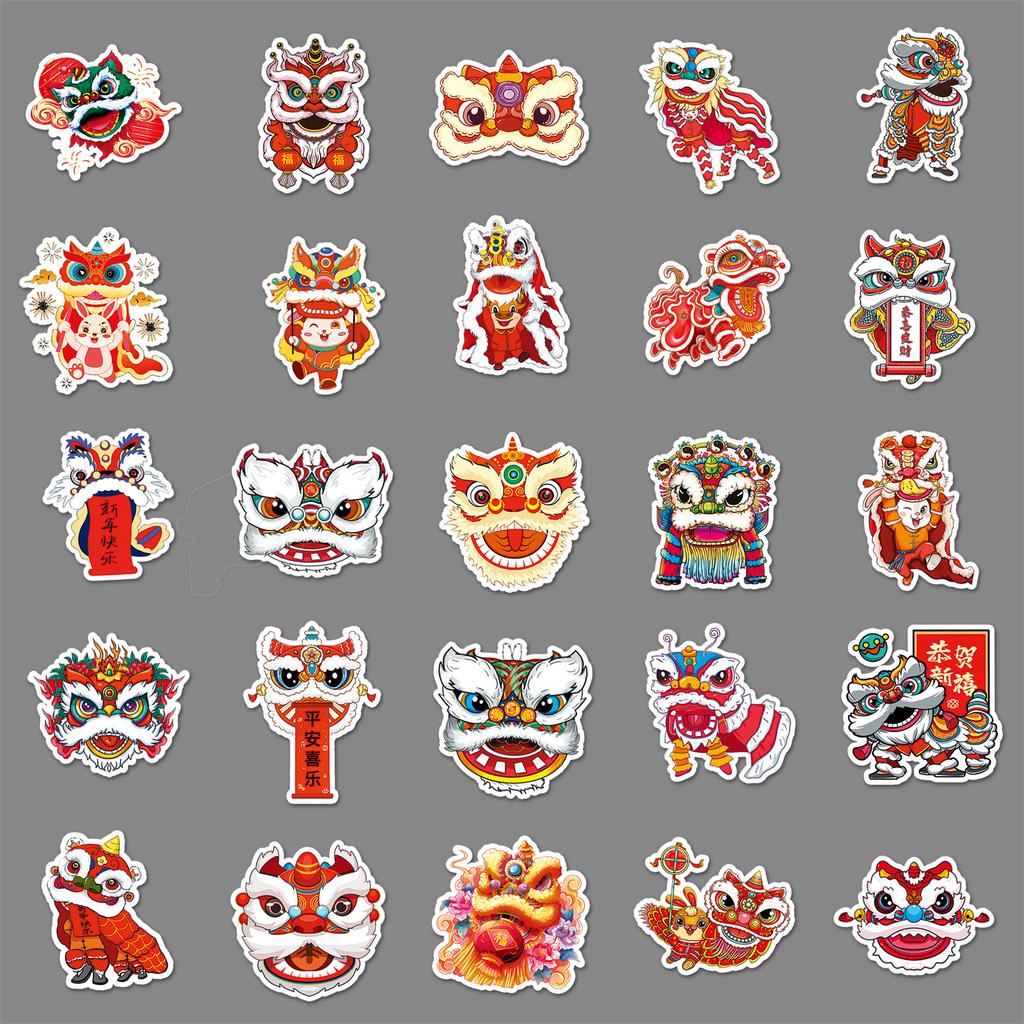 50 Lion Dance Graffiti Personalized Chinese Style National Trend Guka Creative Decorative Water Cup Mobile Phone Case Suitcase Stickers
