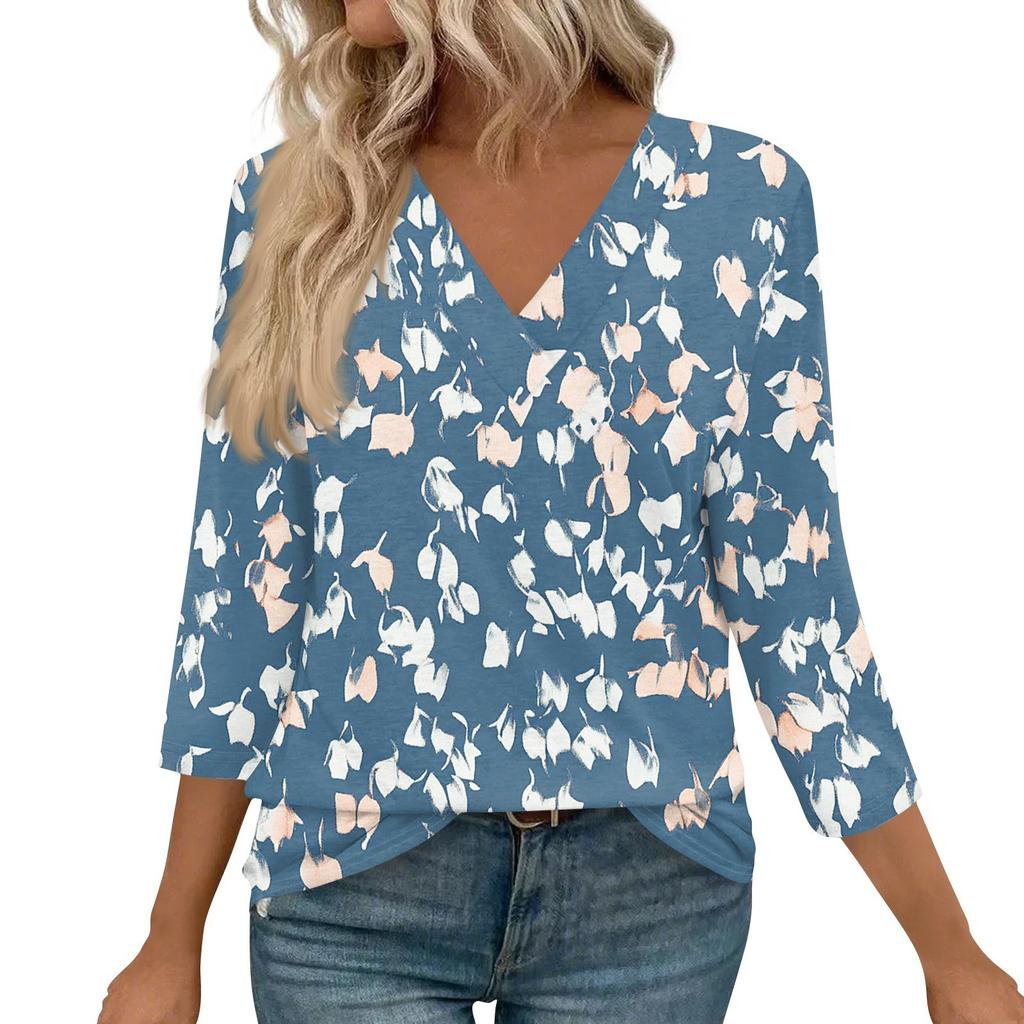 3/4 Length Sleeve Womens Tops V Neck Casual Tunic Tops Basic Shirts Loose Fit Blouse