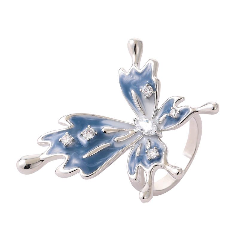 French Elegant Personality Small Fragrant Wind Enamel Drop Glaze Diamond Butterfly Ring Niche High-end Exaggerated Fashionable Jewelry