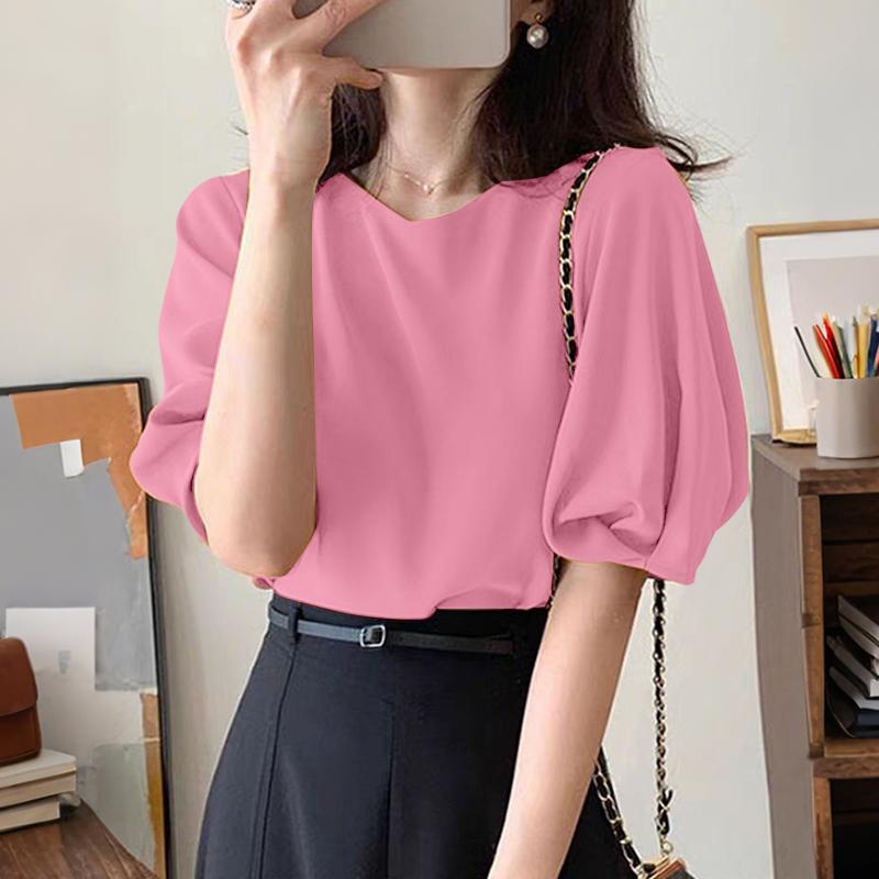 

ZANZEA Женская повседневная блузка свободного кроя однотонной расцветки с круглым вырезом и рукавами до локтя розовый