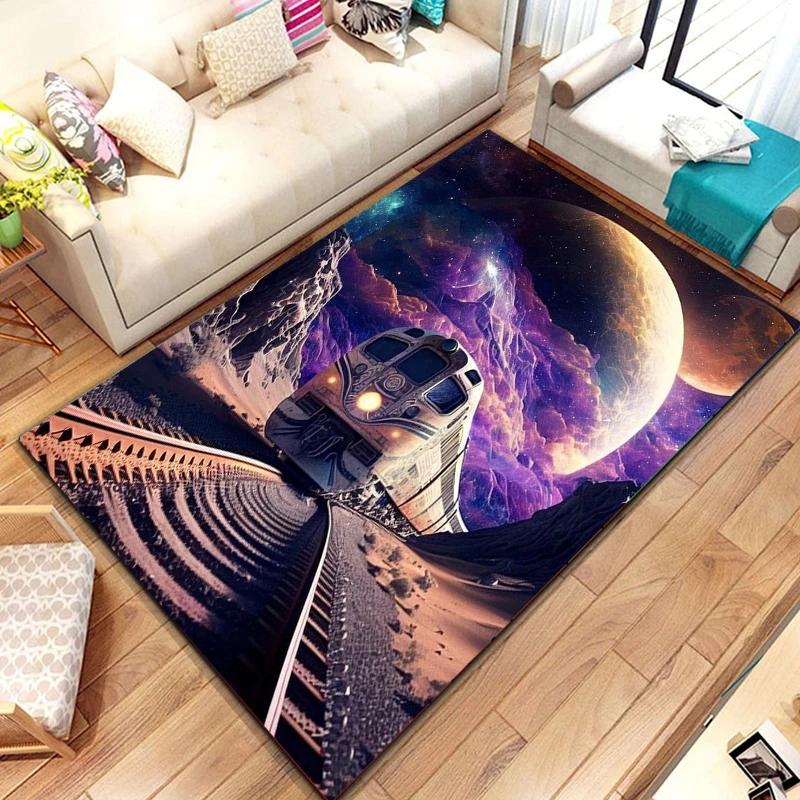 Zug Bereichsteppich für Mädchen Jungen Retro Dampfmaschine Teppich Eisenbahngleis Transport Fußmatte 3D Vintage Fahrzeuge Wohnzimmer Fußmatte