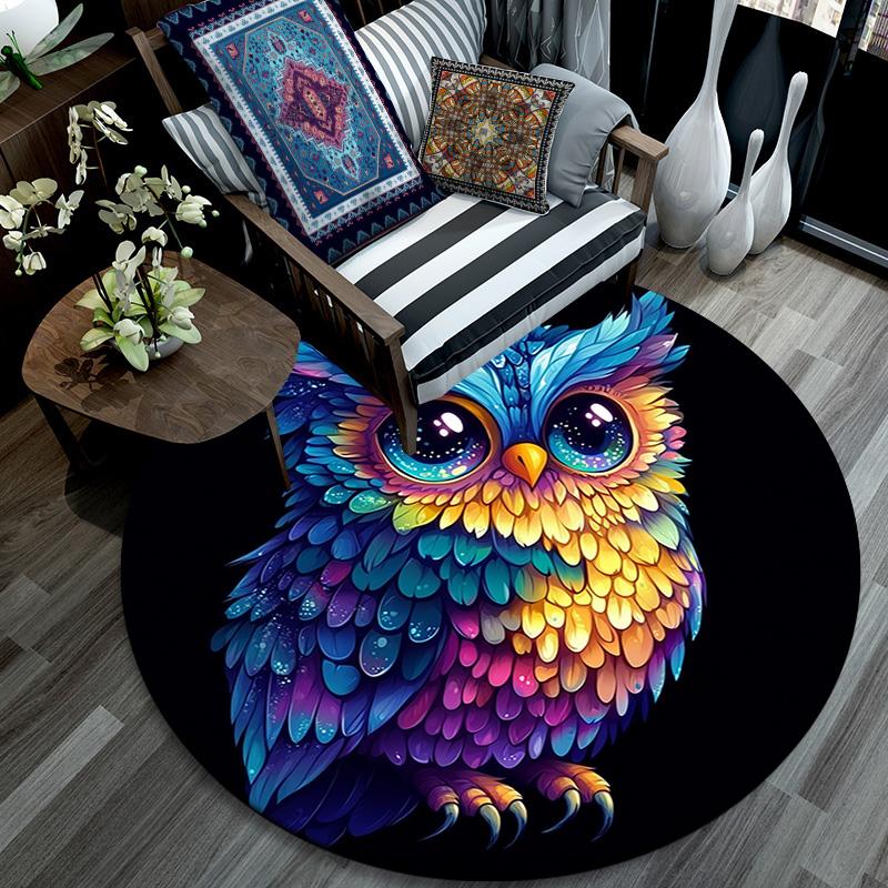 Owl Artwork Round Area Rug,Carpet Rug for Living Room Bedroom Sofa Playroom Decor,Non-slip Floor Mat