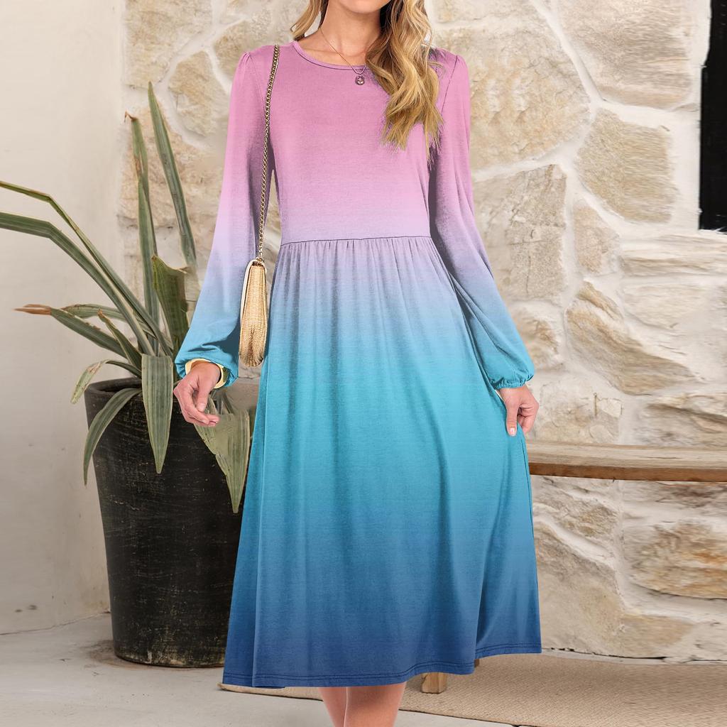 Women's Fashionable Loose Gradient Printed Round-neck Dress