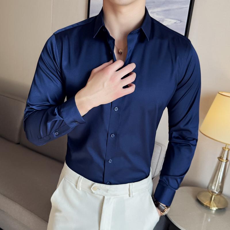 Black Men's Stretchy Wrinkle-Free Shirts, Blue Gray Red Green Asia Size M38-7XL46, White Plain Long Sleeve Office Dress Shirt.