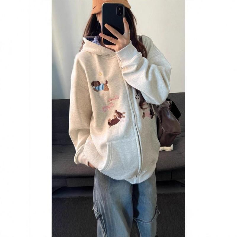 Womens Oversized Cartoon Dog Print Polo Collar Hooded Sweatshirt Loose College Style 2025