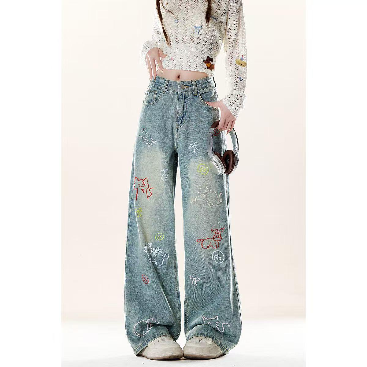 2025 Retro American Cartoon Embroidery Wide-Leg Jeans - Loose, Floor-Length, Summer Style Extra Large синий