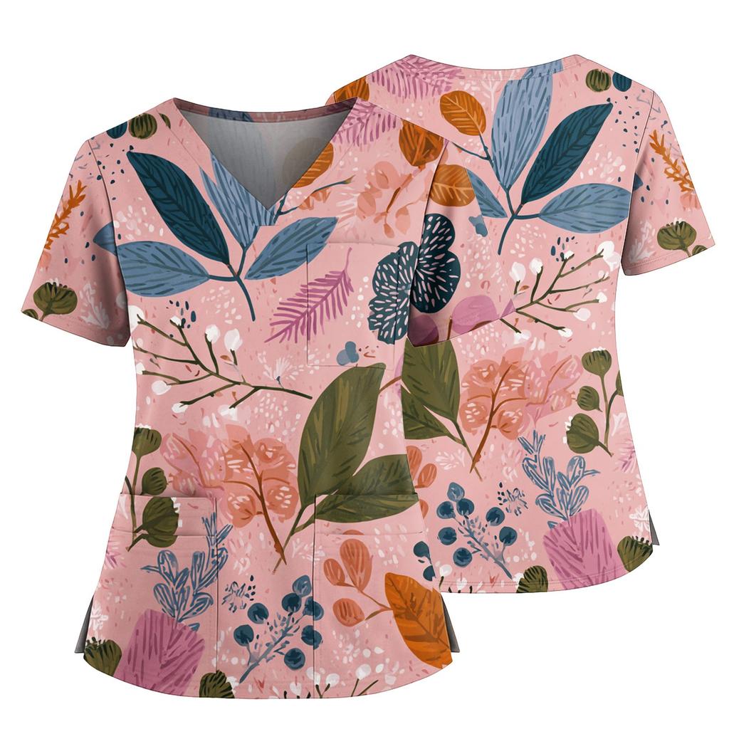 Damen Casual Bedrucktes V-Ausschnitt Taschen Seitennaht Schlitz Kurzarm Top