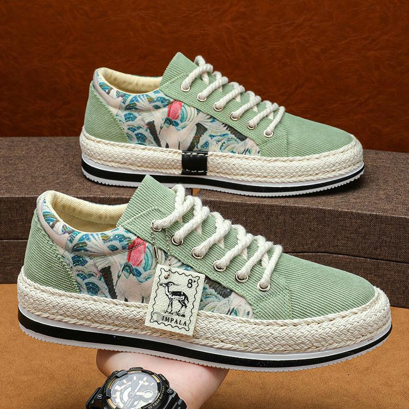 

New men s personalized fashion board shoes men s flat bottom low top trendy shoes student straw corduroy cloth shoes fisherman shoes 44 зелёный