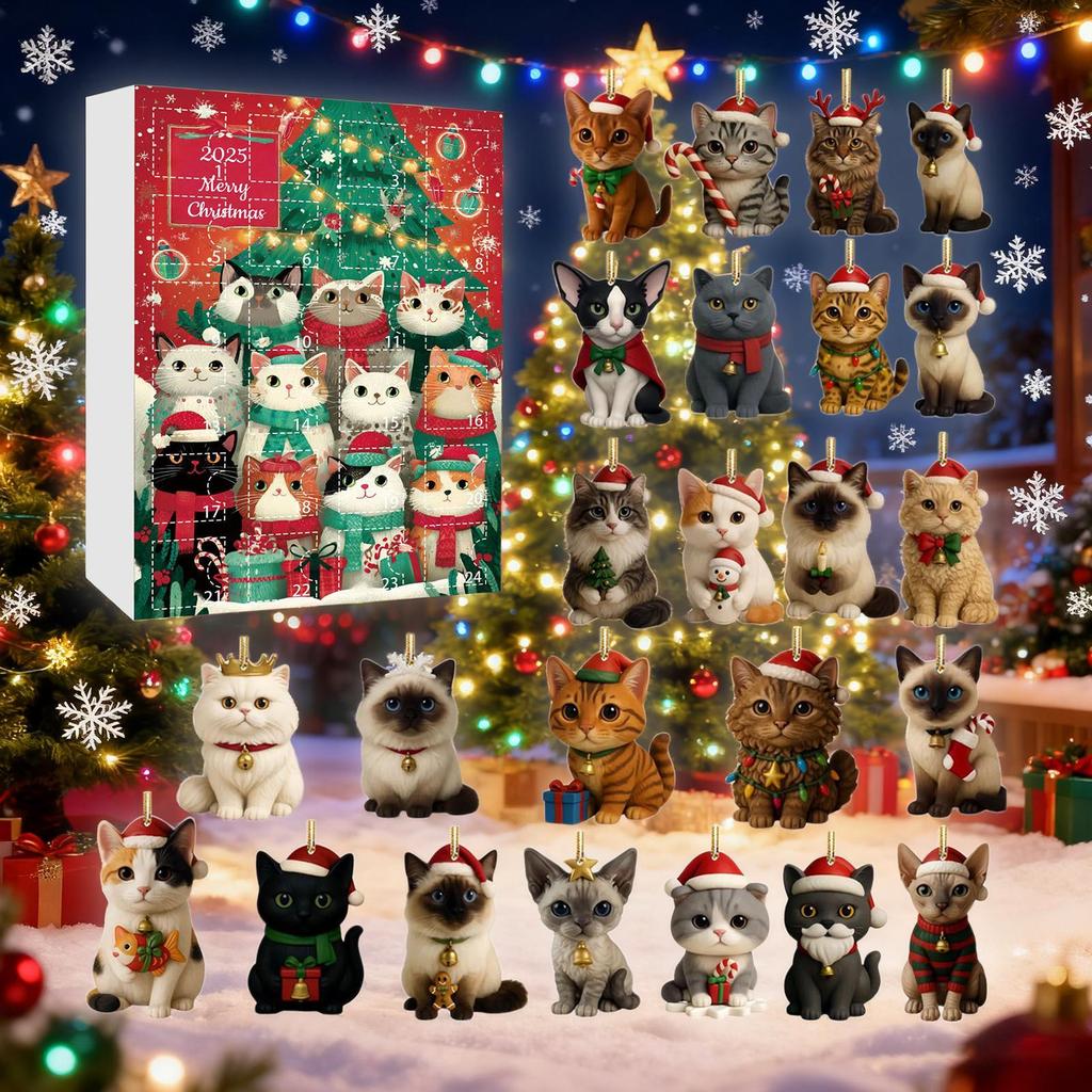 Cat Christmas Countdown Calendar Keychain 2D Acrylic Ornament Charm Advent Calendar Cute Cat Lover Gift Christmas Decorations