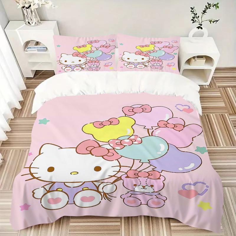3pcs Bear Balloon & Hello Kitty Sanrio Print Bedding Set (1 Cover + 2 Pillowcases, Without Inserts), Soft and Comfortable W007