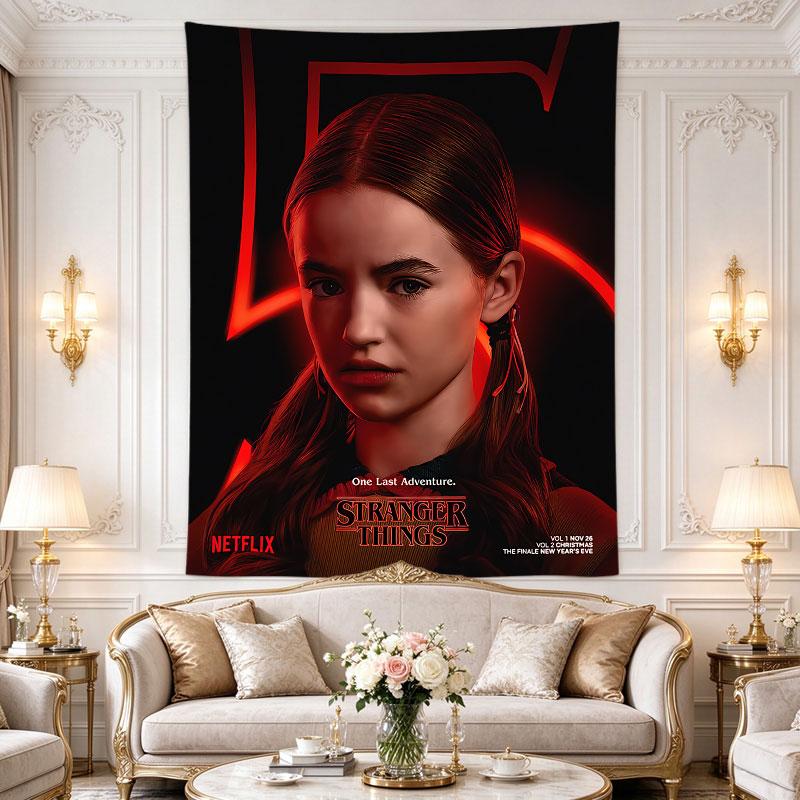 Stranger Things neon, red-toned of a girl's face lit by glowing strings, ONE LAST ADVENTURE text, Netflix series graphic, wall hanging