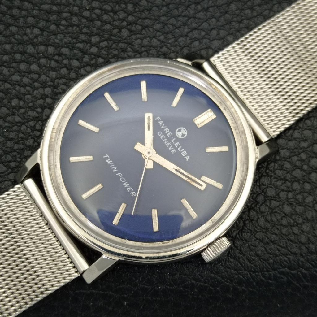 VINTAGE FAVRE LEUBA TWIN POWER 253 HAND-WINDING SWISS MENS BLUE WATCH a702051-5 R208-a702051