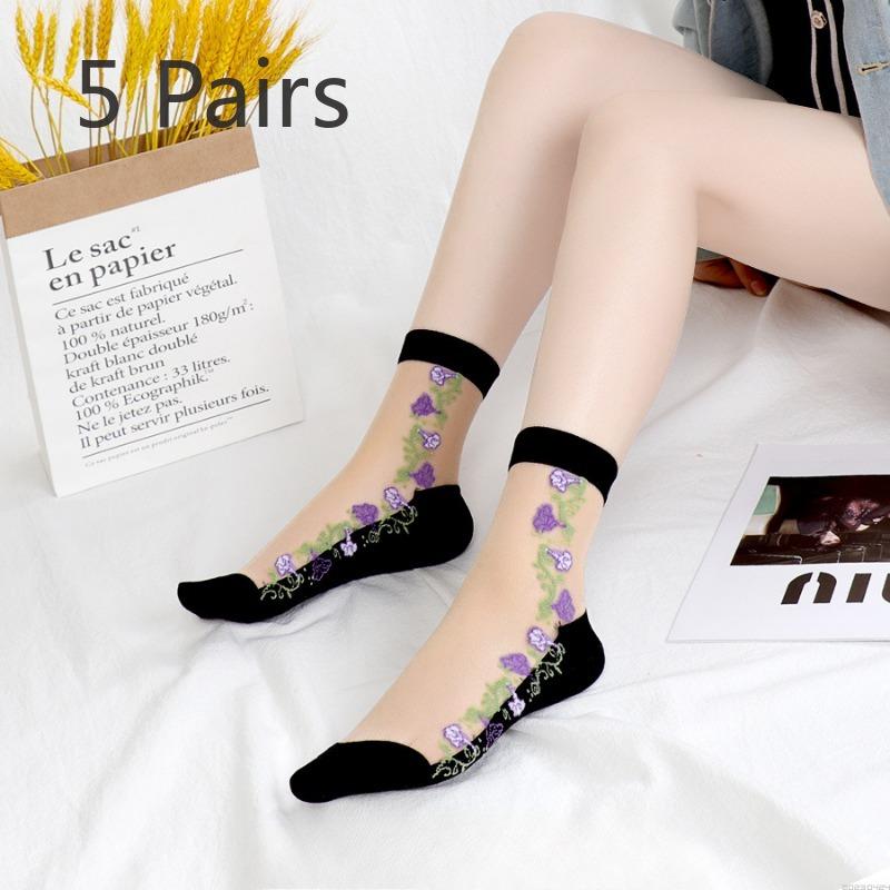 5 Pairs of Women's Spring and Summer Thin Ice Silk and Cotton Bottom Crystal Silk Anti Hook Silk Stockings