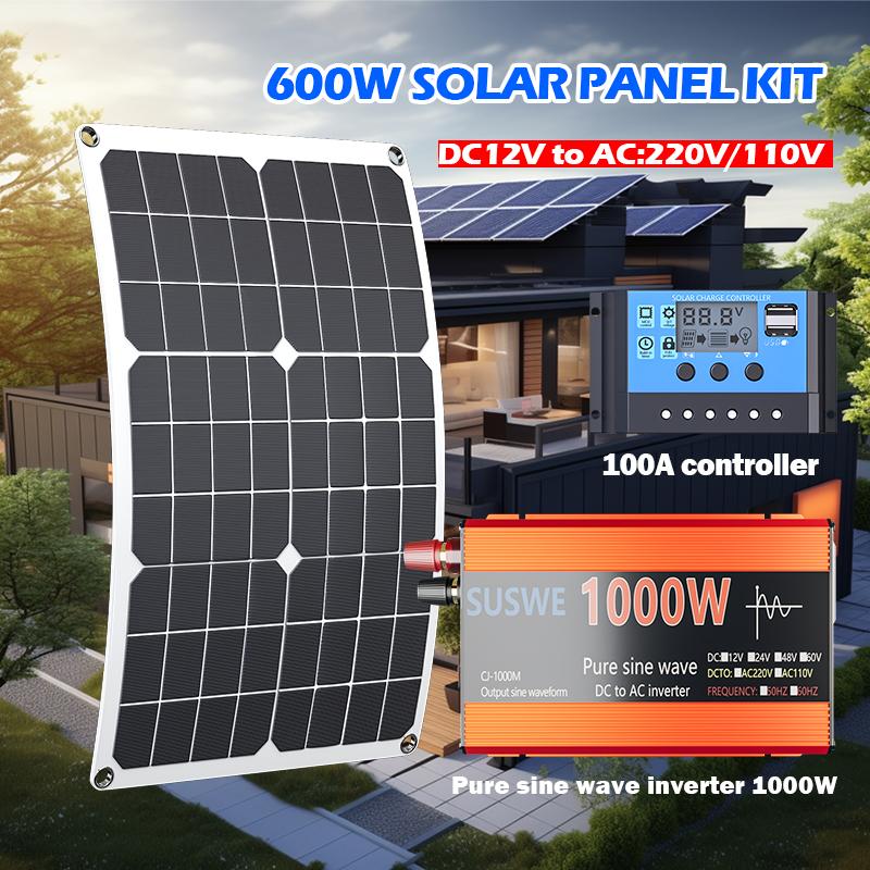 Solar System Kit 1000W 12V to AC 220V/110V Inverter+600W Solar Panel+100A Controller Suitable for Charging RVs Cars Laptops 4