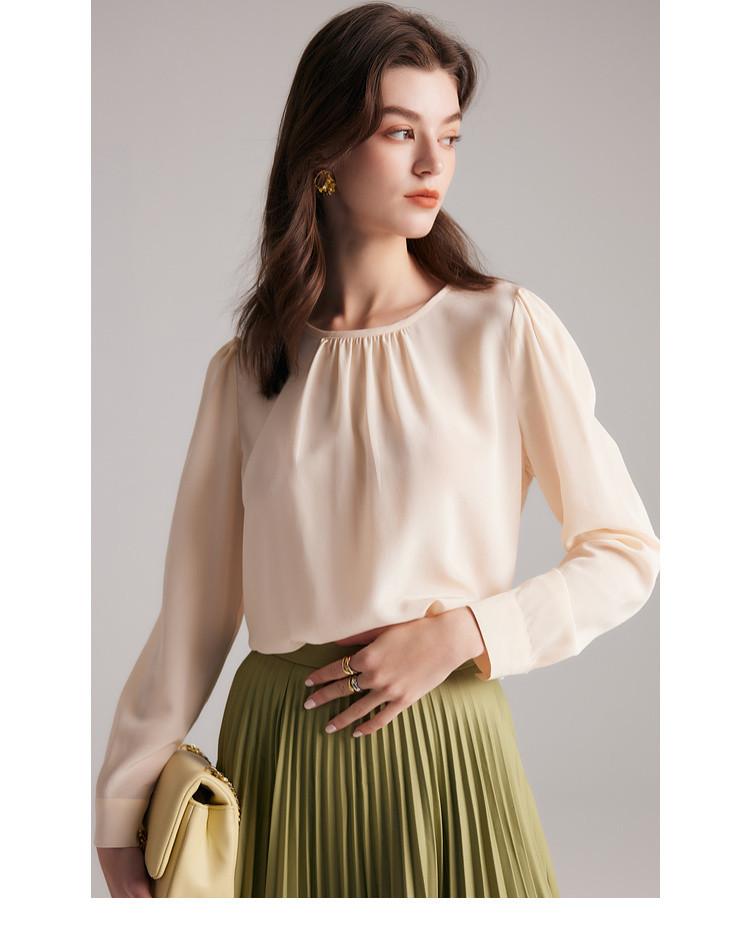 100% Mulberry Silk Spring Round Neck Simple Silk Long Sleeve Shirt for Women