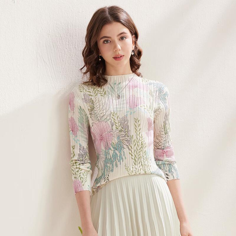 Zhaojun 2026 Spring/Summer Silk Blend Floral Knit Long Sleeve Slim T-Shirt