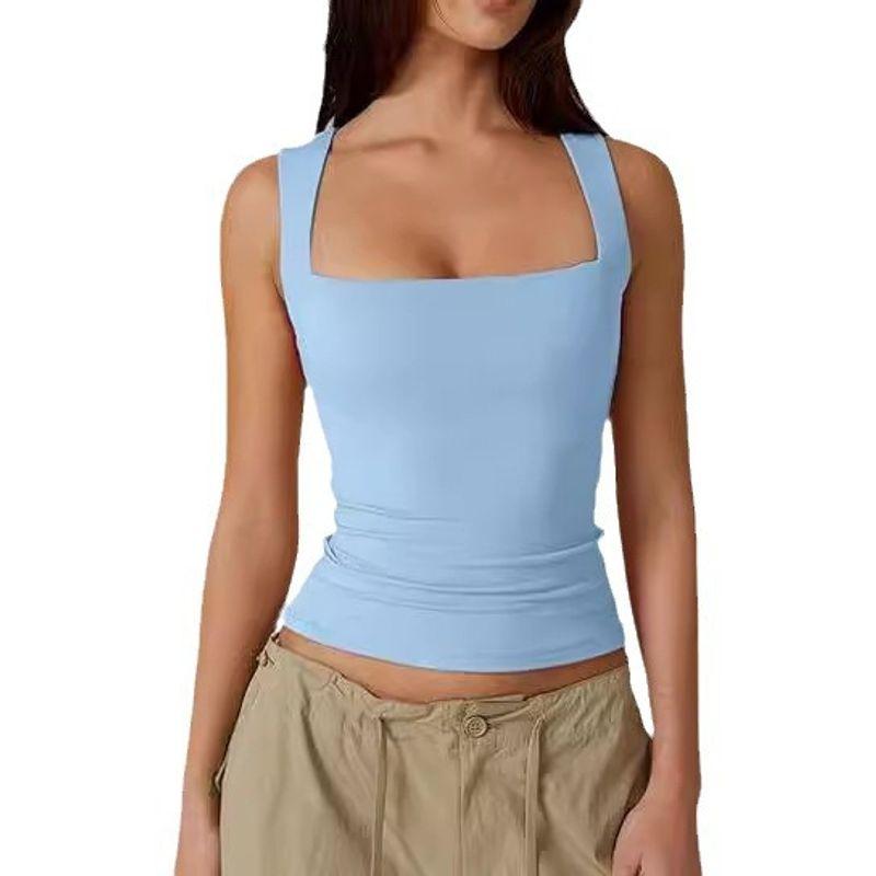 Solid Color Square Neck Sleeveless Top Solid Color Square Collar Slim Fit Sleeveless Top Female