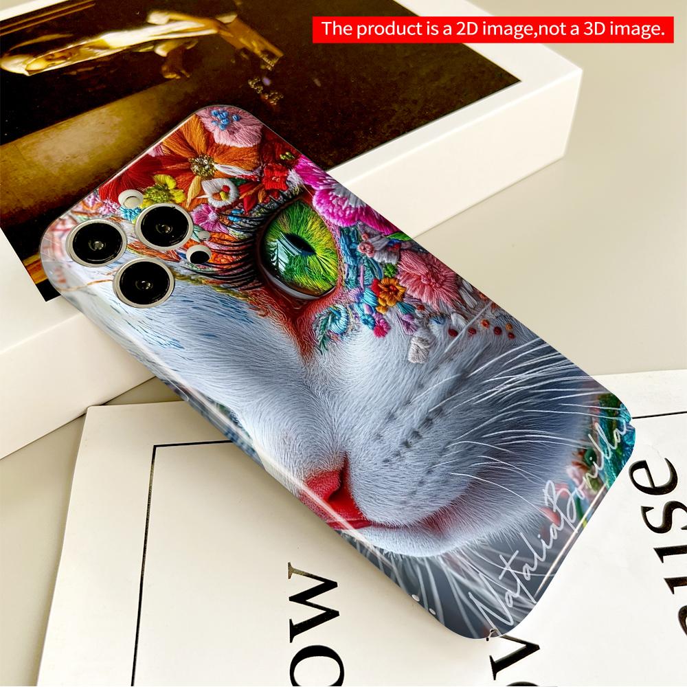 2DFlat Floral Cat Eye Art Phone Case All Inclusive Film Hard Phone Case, Compatible with iPhone 18 Pro Max 17 16 15 14 13 12 11