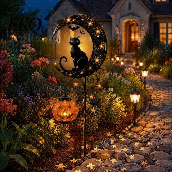 Halloween Solar Garden Stake Lights Light, Metal Black Cat & Pumpkin Moon Waterproof Spooky Bat Decorations for Lawn Patio Yard Pathway Outdoor Decor,