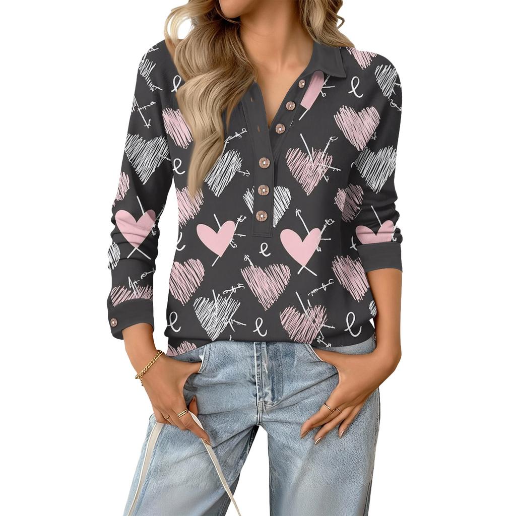 Damen Retro Street Lässiger V-Ausschnitt Langarm Knopf Valentinstag Herz Pullover Top