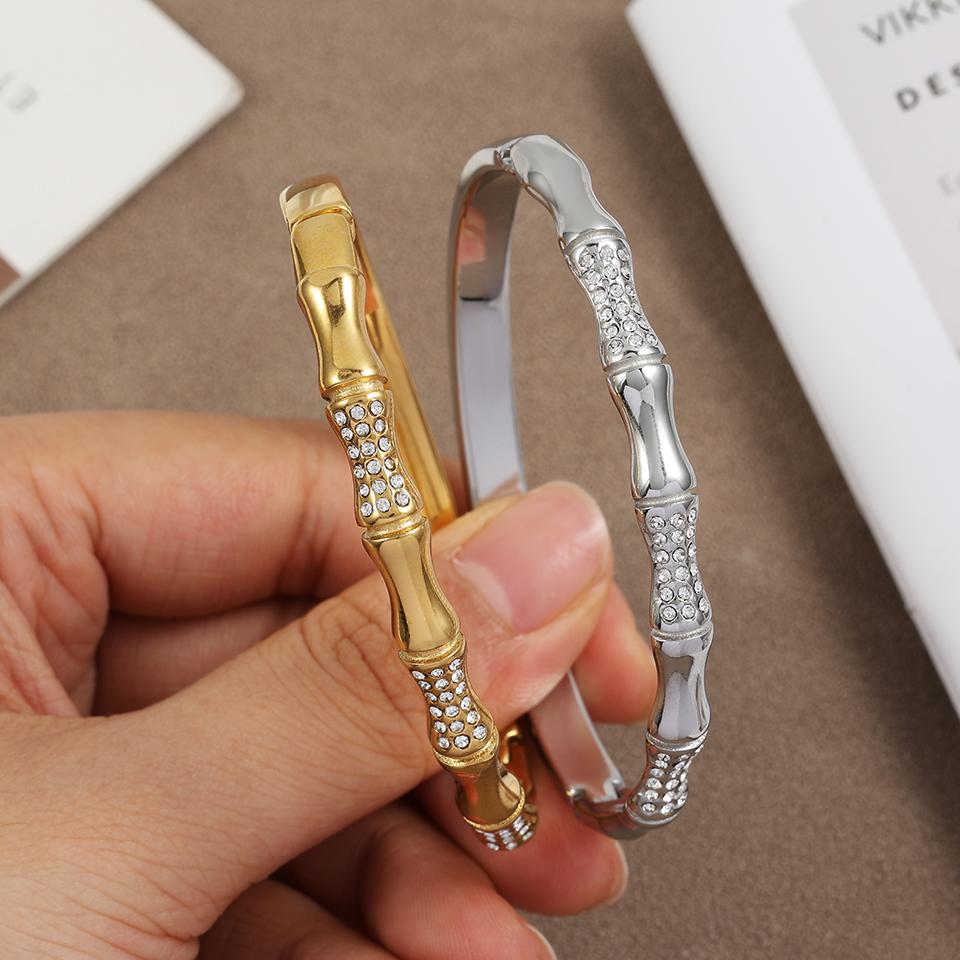 Htpwe Stainless Steel Bone Diamond Bamboo Bracelet Women 18k Gold Couple Holiday Gift Non-fading Bracelet Party Daily Zircon