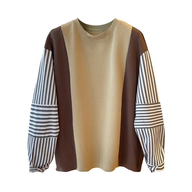 Women's Spring and Fall Striped Loose Design Splicing Sweatshirt Temperament Round Neck Lazy Wind Tops