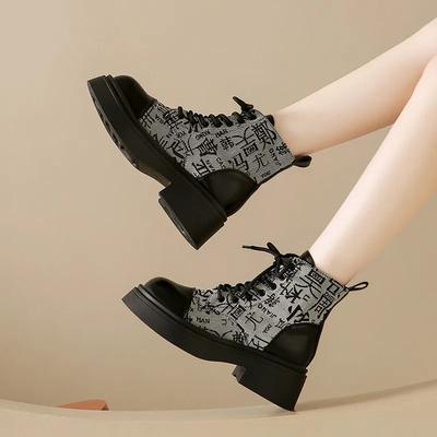 Fashion Random Printing Women Ankle Boots Winter New Flats Platform Designer Women Shoes 2025 Brand  Fashion Dress Snow Motorcycle Botas