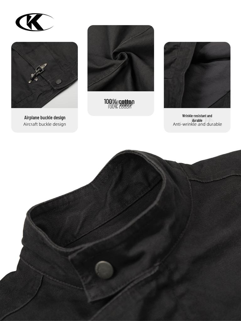 11KN Unisex Retro Distressed Workwear Jacket with Airplane Buckle and Wide Lapel