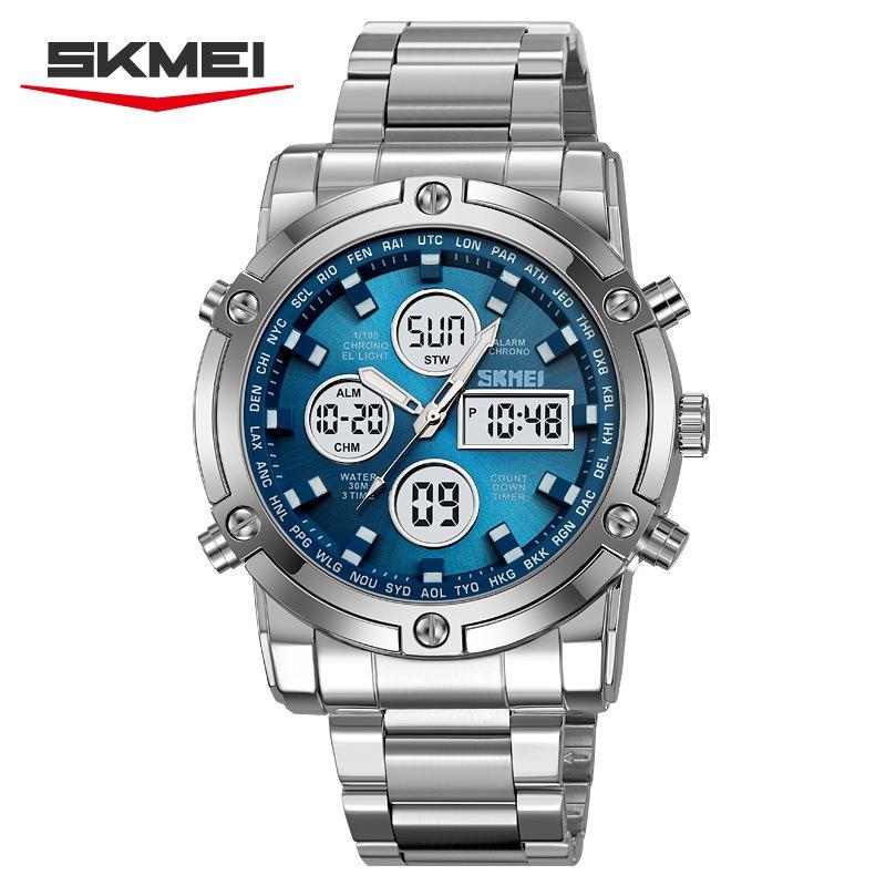 Dual Display Electronic Watch, Multi-function Steel Strap, Large Dial, Three-time Men's Waterproof Watch