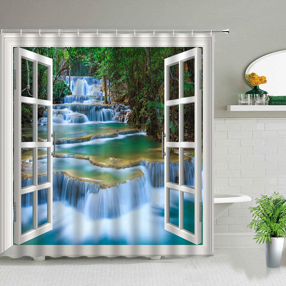 Forest Landscape Shower Curtains Green Tropical Plant Palm Tree Flower Leaves Garden Natural Scenery Bathroom Decor Bath Curtain