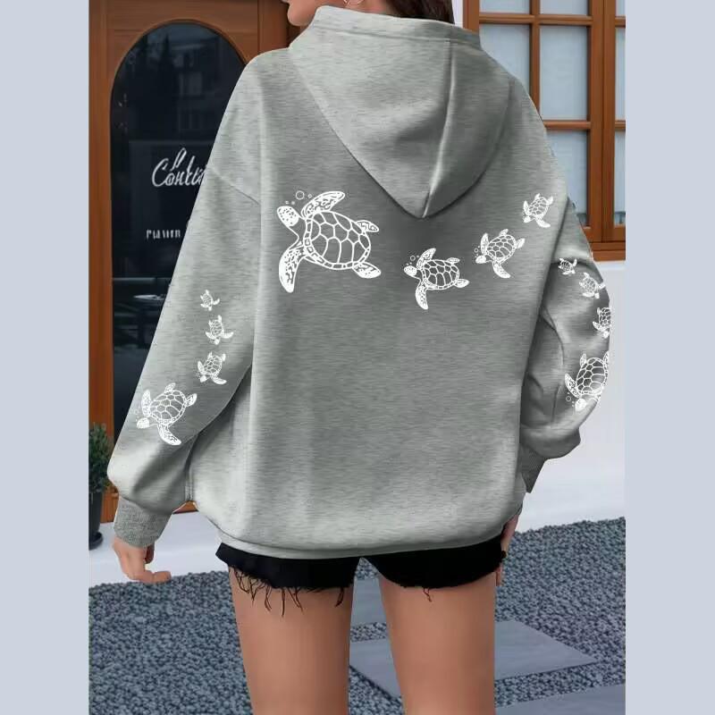 Ladies Spring Autumn Casual Hooded Long Sleeve Big Pocket Sea Turtle Printed Pullover Hoodies Sweatshirt Top