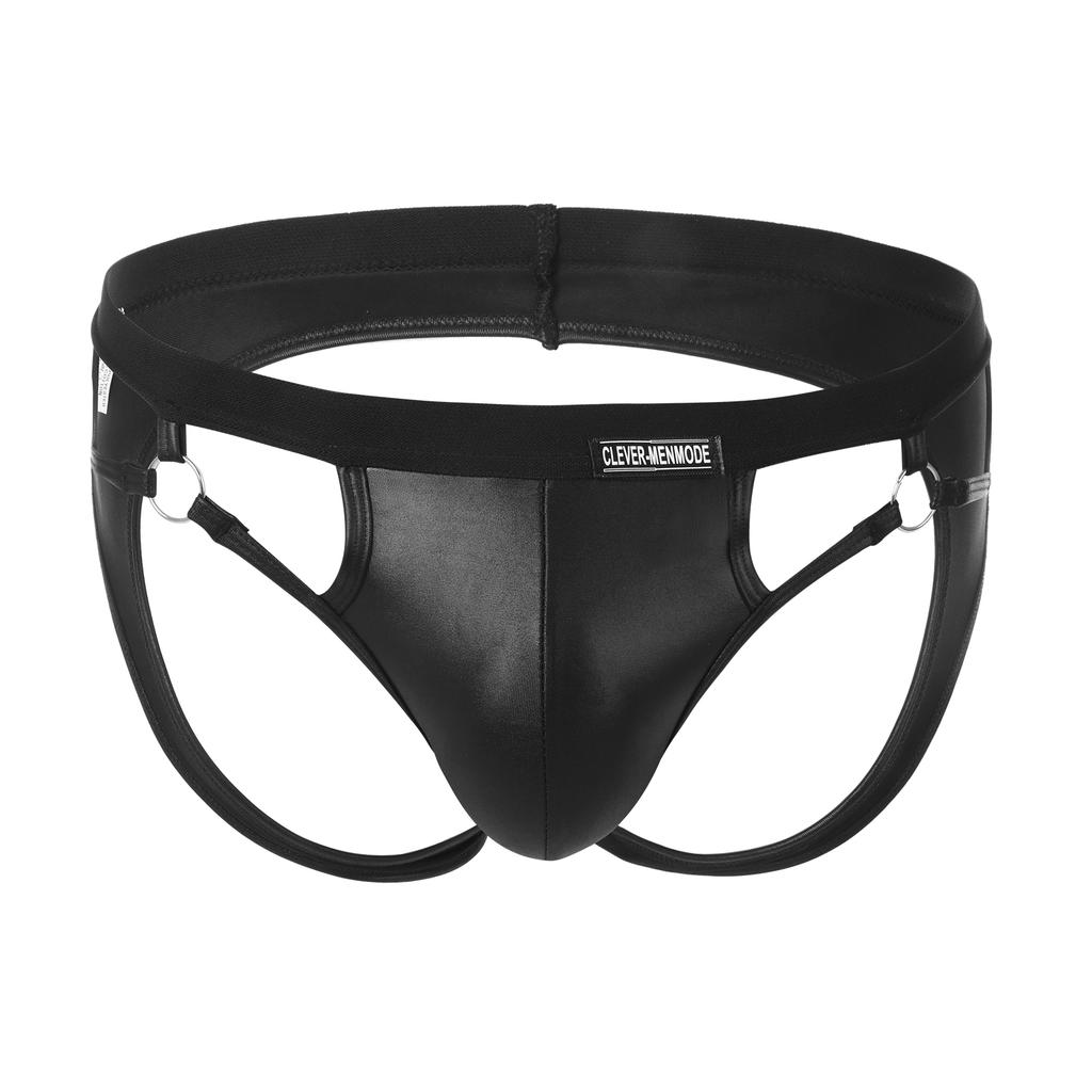 Buttocks Briefs Men Sexy Underwear Man Jockstrap Bulge Pouch PU Faux Leather Anal Underpants Jock Strap Metal Ring Black