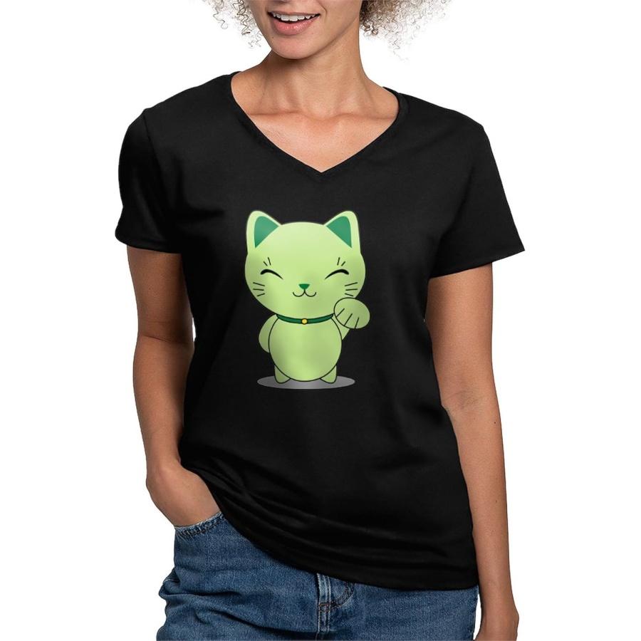 CafePress Манэки-нэко Зеленая Счастливая Кошка Женская Футболка с V-образным вырезом Темная S