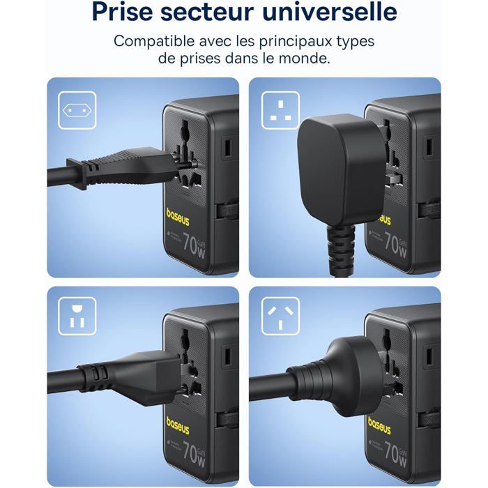 Baseus 70W Universal Plug Adapter with Retractable Cable, Travel Charger 2AC+2USB-A+1USB-C