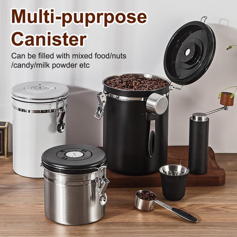 1.2 1.5 1.8L Coffee Bean Jar Airtight Canister Sealed Stainless Steel With Spoon One Way Valve Cannister Coffee Storage Kitchen