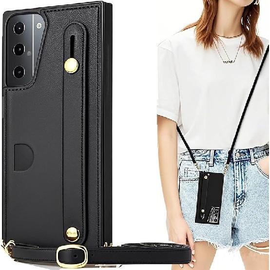 

CCSmall Чехол-кроссбоди для Samsung Galaxy S21 для женщин с держателем для карточек, съемный регулируемый плечевой ремешок-шнурок, чехол-подставка для чёрный