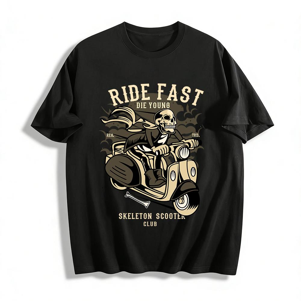 Ride Fast Skeleton Scooter Club Graphic Tee Biker Culture Top Pure cotton T-shirt XXS