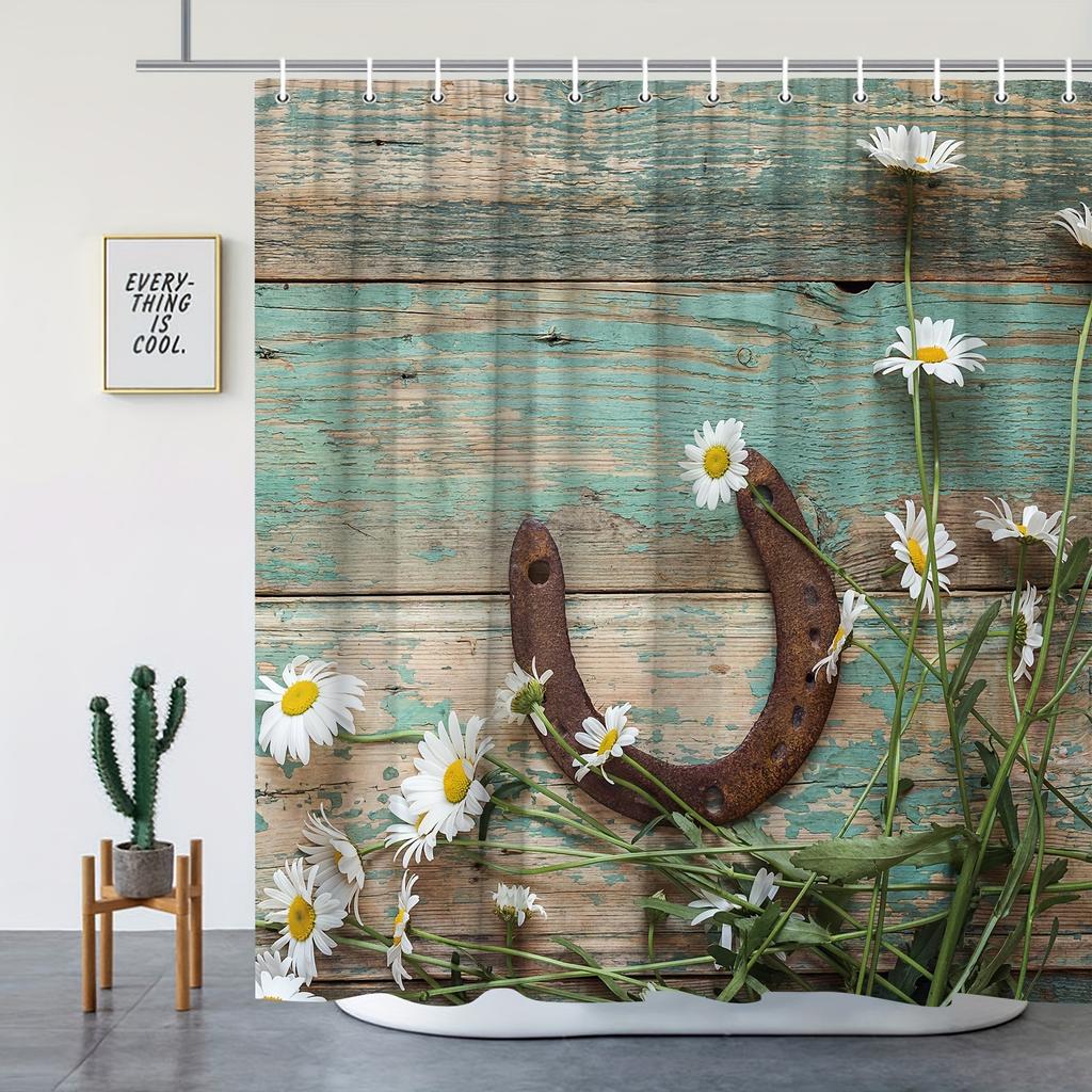 Waterproof Wooden Panel Daisy Shower Curtain With Hooks Bathtub Partition Home Decor