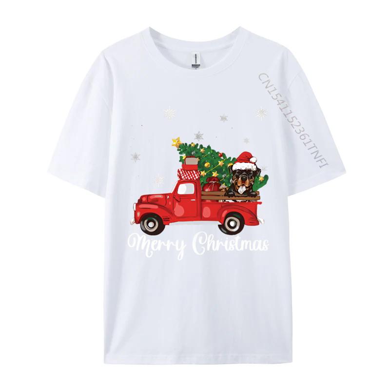 Rottweiler Dog Riding Red Truck Christmas Tshirt Novelty Tee Shirts Vintage Cotton Tops Tee Graphic T Shirts Men Cotton