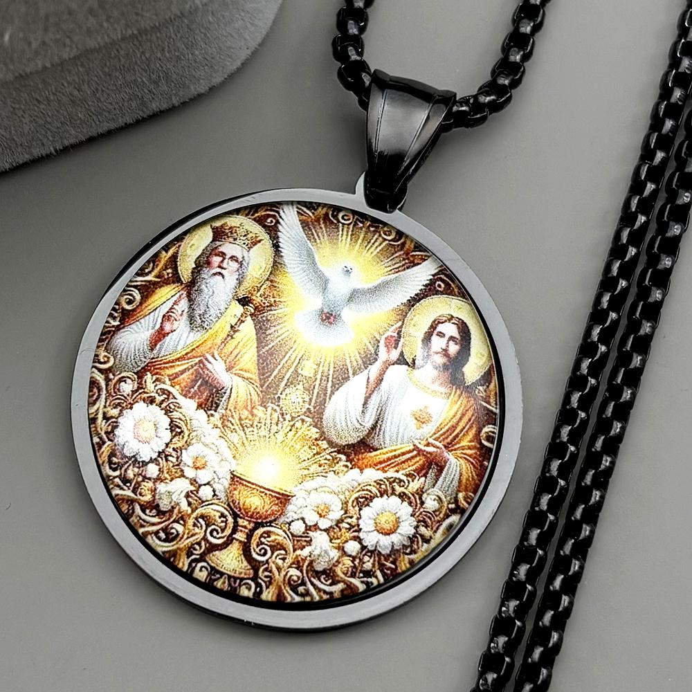 Holy Trinity Father Son Spirit Medal Flower Glass Pendant Necklace for Women Men Stainless Steel Christian Amulet Chain Jewelry