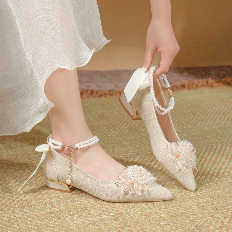 2025 new French flower wedding shoes bride shoes wedding dress wedding dress satin high heels women's thick heel bridesmaid shoes