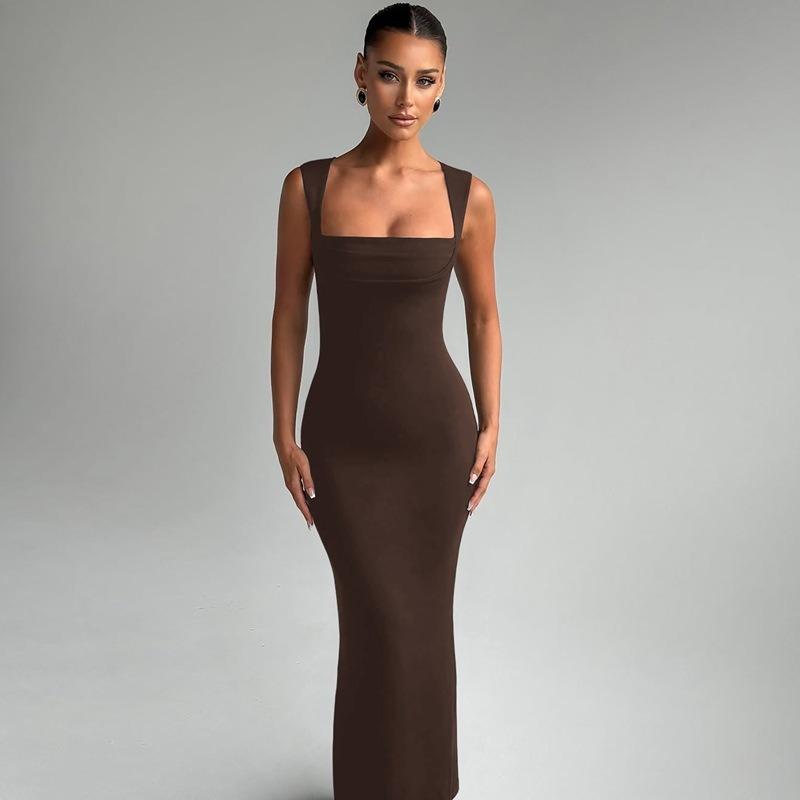 Women Elegant Slim Fit Square Neck Sleeveless Waist Cinched Solid Long Dress